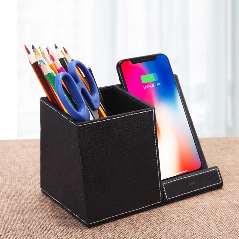 Leather Pen Holder & Wireless Phone Charging Stand