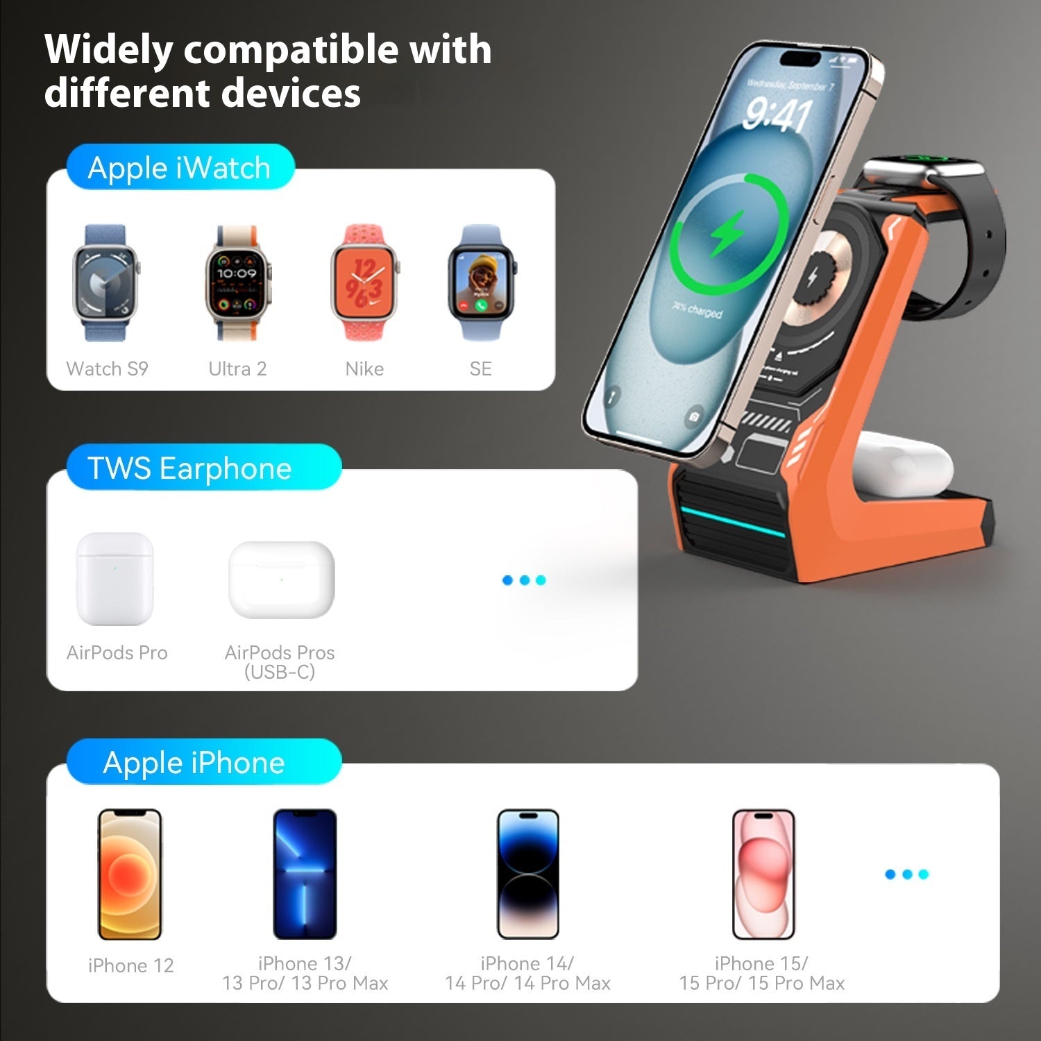 Three-in-one Wireless Mobile Phone Charging Holder