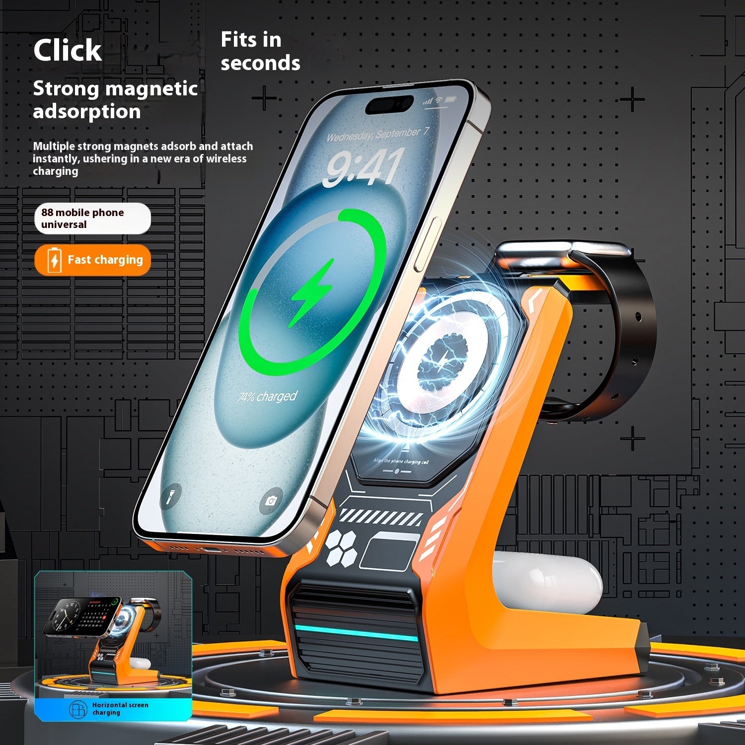 Three-in-one Wireless Mobile Phone Charging Holder
